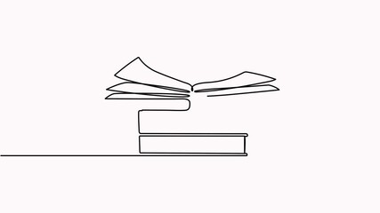 Wall Mural - open book with stack of books continuous line drawing animation. school education concept animated v