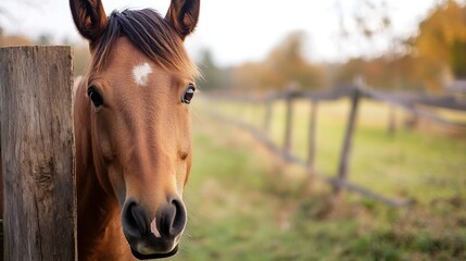 Aufkleber - A chestnut horse with a white star on its forehead peers through a wooden fence post, autumnal field blurred in the background. : Generative AI