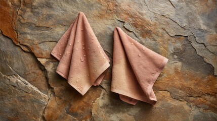 Aufkleber - Soft folded towels sit on a stone tile surface, glistening with water droplets that enhance the tranquil spa aesthetic illuminated by natural light