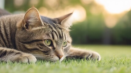Aufkleber - A tabby cat rests peacefully in a sunlit garden, its green eyes gazing intently into the distance, paws gently touching the lush green grass. : Generative AI