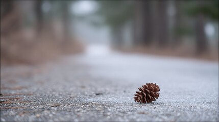 Poster - A detailed view of a cedar cone resting in powdery snow, surrounded by a serene forest environment during winter, evoking tranquility and beauty