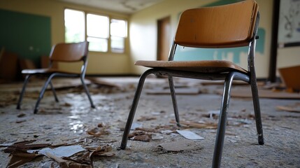 Poster - Two vintage wooden chairs with metal legs sit in a dilapidated classroom, surrounded by peeling paint and debris on the floor.  A sense of abandonment and decay pervades the scene. : Generative AI