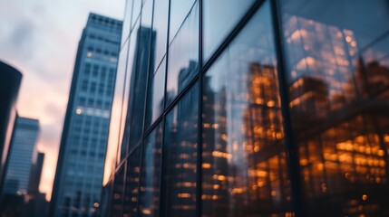 Poster - Reflective glass facade of a modern skyscraper at sunset, showcasing the city skyline and warm golden hues reflecting in the windows. : Generative AI
