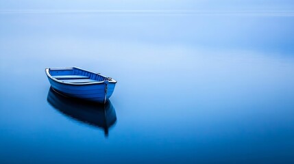Poster - Solitary blue rowboat floats serenely on a calm, still lake at dawn, reflecting the tranquil morning light and peaceful atmosphere. : Generative AI