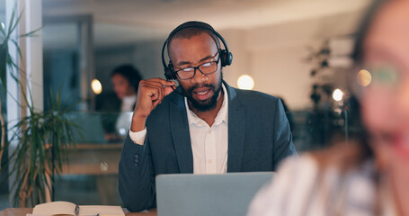 Poster - Man, headset and talking at call center, night and advisory services at legal agency with laptop. Person, virtual consultation and computer with voip, mic or contact us with help desk job at law firm