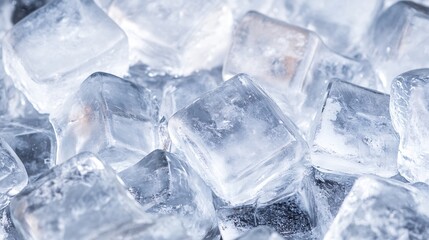 Poster - Close-up view of numerous translucent ice cubes, showcasing their crystalline structure and frosty texture.  The image evokes a feeling of coolness and refreshment. : Generative AI