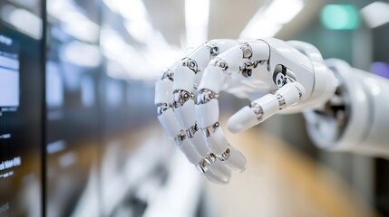 Poster - Close-up of a robotic hand interacting with a digital screen, showcasing advanced technology and artificial intelligence in a modern setting. : Generative AI