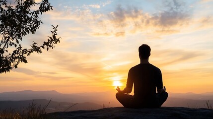 Aufkleber - Silhouette of a man meditating on a mountaintop at sunset, enjoying the peaceful view and golden hour light, finding serenity and inner peace. : Generative AI