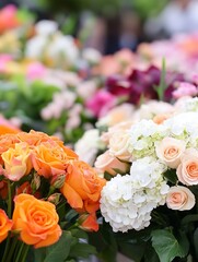 Poster - Close-up view of vibrant orange roses and delicate white hydrangeas, creating a stunning floral arrangement perfect for wedding or event decor. : Generative AI