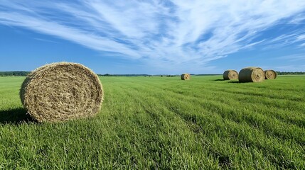 Aufkleber - Hay bales in a vast green field under a bright blue sky with wispy clouds, showcasing a tranquil summer landscape. : Generative AI