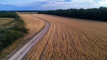 Aufkleber - Aerial view of a dirt road winding through a harvested wheat field, bordered by a lush green forest under a partly cloudy sky. : Generative AI