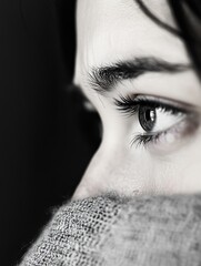 Poster - Close-up profile view of a woman's eye, gazing pensively into the distance, her face partially obscured by a textured grey sweater. : Generative AI