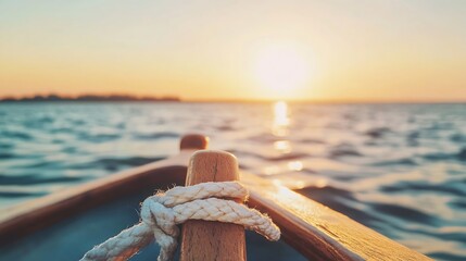 Poster - Wooden rowboat gliding on calm sea water at sunset, rope tied to the wooden post, sun reflecting on the water surface, peaceful summer evening scene. : Generative AI