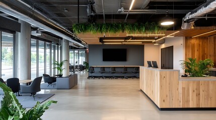 Aufkleber - Modern office reception area with wood paneling, concrete floor, and hanging plants, showcasing a sleek and minimalist design. : Generative AI