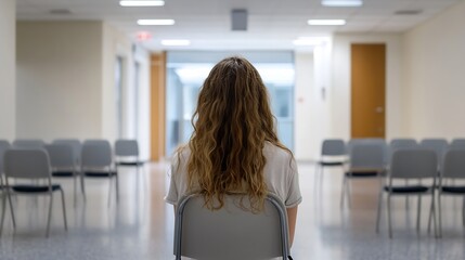 Poster - A young woman with long, curly brown hair sits alone in a waiting room, facing away from the camera, surrounded by empty chairs in a brightly lit hallway. : Generative AI