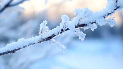 Poster - Close-up of a snow-covered branch, showcasing intricate ice crystals and a soft, blurred winter background.  The delicate details of the frozen nature are highlighted by the soft, pale : Generative AI