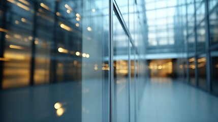 Poster - Modern office building interior, showcasing sleek glass walls and blurred background lights, creating a sense of contemporary corporate design and spaciousness. : Generative AI