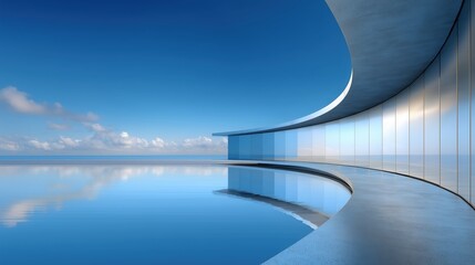 Aufkleber - 3D rendered abstract futuristic building with modern architecture concept against blue sky, reflective calm water surface and shiny metallic shapes creating copy space for design presentations. Minima