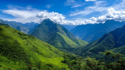 Aufkleber - Majestic mountain range under a vibrant blue sky, showcasing lush green slopes and valleys, a breathtaking natural landscape. : Generative AI