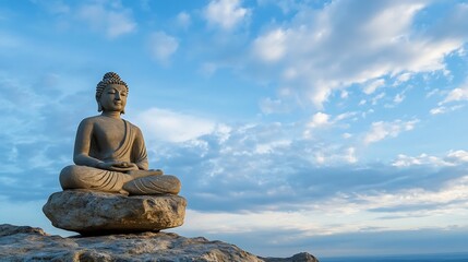 Aufkleber - Serene Buddha statue meditates atop a rocky outcrop against a vast, blue sky filled with fluffy white clouds, conveying peace and tranquility. : Generative AI