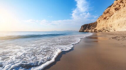 Poster - Serene coastal scene at sunrise, featuring gentle waves lapping a sandy beach beside a dramatic, light-brown cliff face under a mostly clear sky. : Generative AI