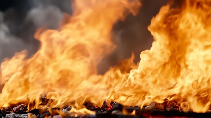Aufkleber - Fiery orange flames engulfing dark embers, creating a dramatic and intense visual of burning coals and smoke. The texture is rough and the light is warm, creating a powerful image. : Generative AI