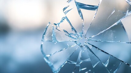 Aufkleber - Shattered glass fragments create a radial pattern against a blurred blue and white background, showcasing sharp edges and translucent texture. : Generative AI