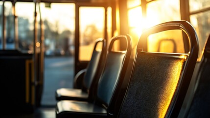 Aufkleber - Empty bus seats bathed in warm sunset light, showcasing textured fabric and modern design elements.  A tranquil scene suggesting travel, transportation, or public transit. : Generative AI