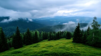 Fototapete - Misty mountain landscape with evergreen forest and rolling green meadow under a dramatic cloudy sky, offering a serene and peaceful atmosphere. : Generative AI