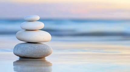 Poster - Serene Stack of White and Gray Stones on a Calm Beach at Sunset, Reflecting in the Tranquil Water. : Generative AI