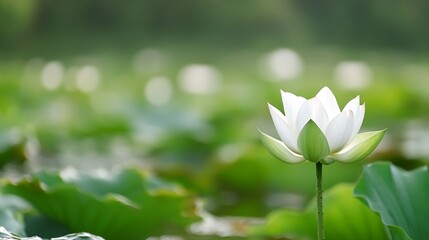 Aufkleber - Single white lotus flower blooming in a serene pond, surrounded by lush green lily pads; soft sunlight illuminates the delicate petals. : Generative AI