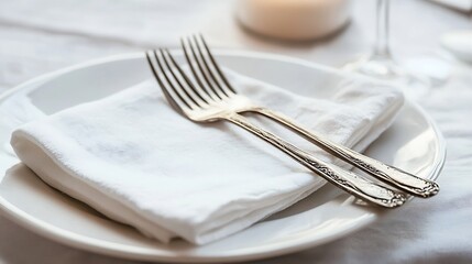 Poster - Elegant silver forks rest on a crisp white linen napkin, folded neatly on a pristine white plate, creating a sophisticated table setting. : Generative AI