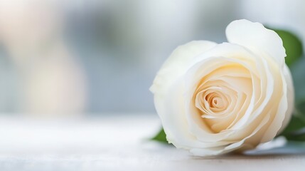 Poster - Close-up of a single, delicate cream-colored rose resting on a light wooden surface, soft-focus background. : Generative AI