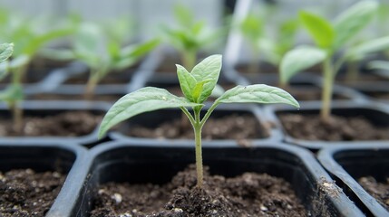 Aufkleber - A single vibrant green pepper seedling emerges from rich dark soil, its leaves unfurling in a small black plastic pot, surrounded by other young plants in a greenhouse setting. : Generative AI