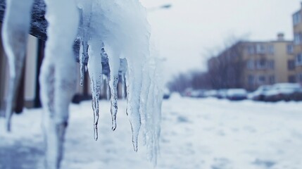 Poster - Close-up of icy icicles hanging from a roof edge, with a blurred city street scene in the background during a winter snowfall. : Generative AI