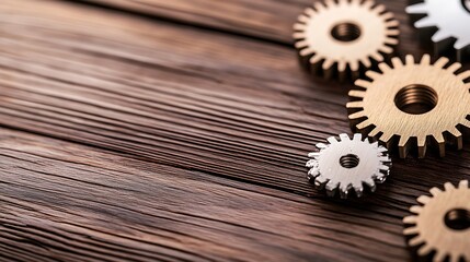 Aufkleber - Close-up of metallic gears on dark brown wooden surface, showcasing intricate details and textures.  The gears are arranged in a visually appealing composition, suggesting themes of te : Generative AI