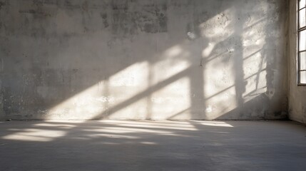 Poster - Sunlight streams through a window, casting shadows on a weathered concrete wall and floor in an empty room, creating a minimalist, industrial atmosphere. : Generative AI
