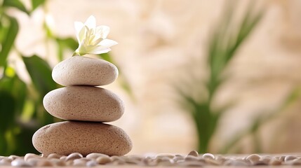 Aufkleber - Serene spa scene: three beige stones stacked, topped with a delicate white flower, set against a blurred background of lush green foliage and warm earth tones. : Generative AI