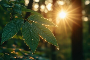 Wall Mural - green leaves with water droplets sparkle in the forest sunbeams. evokes nature's beauty, serenity, a