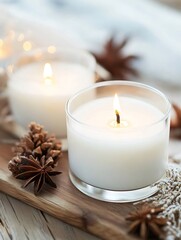 Aufkleber - Two lit white candles in glass jars sit on a wooden board, surrounded by pine cones and star anise, creating a cozy winter ambiance. : Generative AI