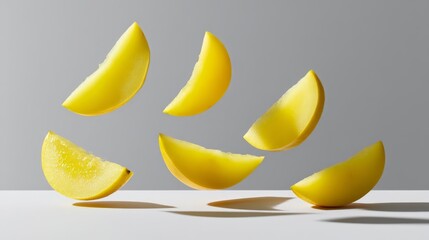 Aufkleber - Slices of vibrant yellow fruit captured in mid-air fall gracefully, each piece uniquely rotated, casting playful shadows on a clear white background
