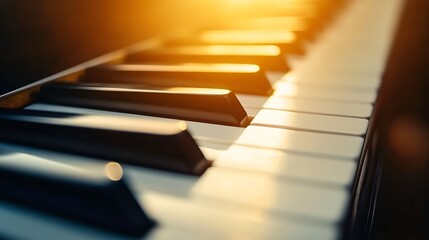 Leinwandbilder - Close-up view of a piano keyboard illuminated by warm sunlight, showcasing the black and white keys in a dramatic, artistic composition. : Generative AI