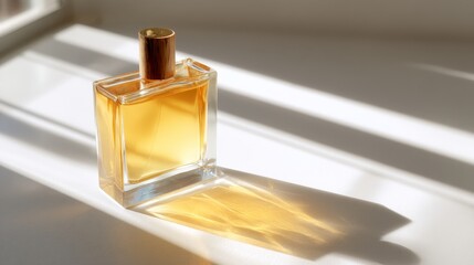 Aufkleber - Clear glass bottle filled with light amber liquid rests on a pure white surface, illuminated by soft diffused light, creating a serene and minimalistic composition