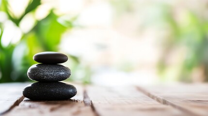 Fototapete - Three smooth, dark grey stones stacked on light brown wooden planks, with a blurred green garden background suggesting tranquility and balance. : Generative AI