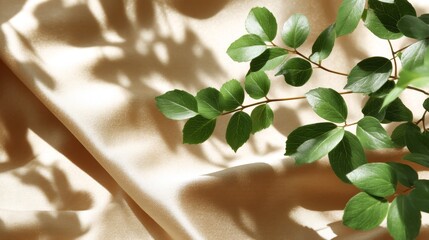Aufkleber - A flat lay composition features soft beige satin fabric with gentle shadows from leaves, providing a serene backdrop and ample copy space on the right side