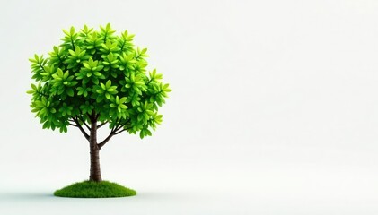 Small tree isolated, thin trunk, vibrant green foliage, detail, botany