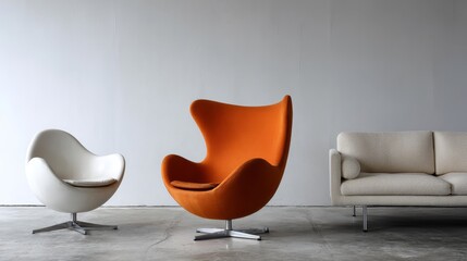 Aufkleber - A striking bold orange chair is positioned between two sleek modern white chairs, set against a clean white background with ample copy space