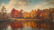 © herjunart - Autumn trees reflecting in lake oil painting