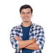 © suphaporn - Handsome young Asian man with arms crossed in casual checkered shirt and blue t-shirt smiling confidently, isolated on a transparent background, portrait for business, lifestyle personal branding use