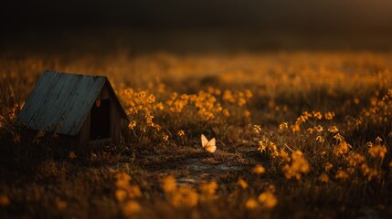 Poster - Butterflies dance around a rustic birdhouse nestled in a field of colorful flowers, illuminated by the warm hues of the golden sunset